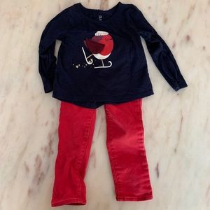 Red jeans and long sleeved shirt from the gap.